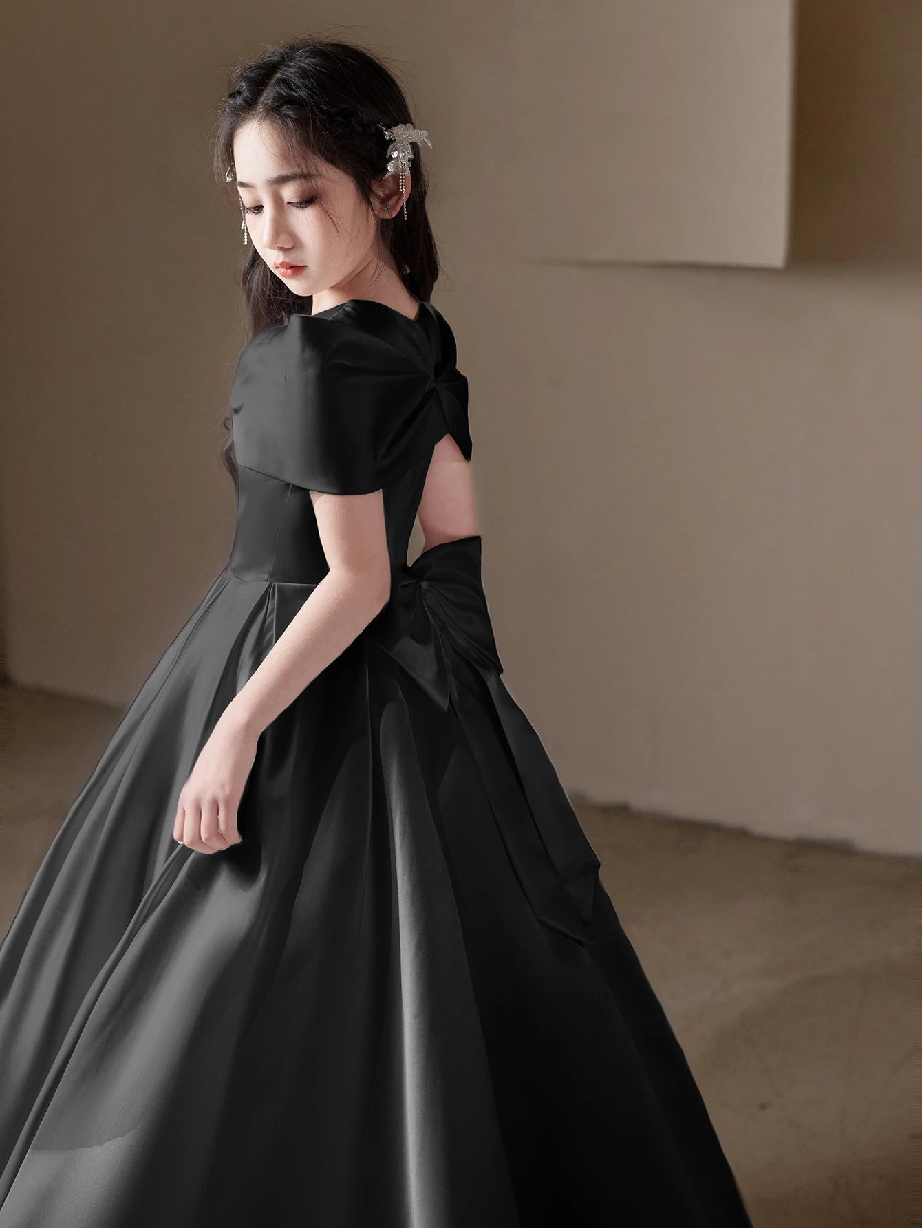 Maxy Girls, Teenagers Black High-End Long Dresses Children's Birthday Parties Weddings Big Bows Evening Dresses