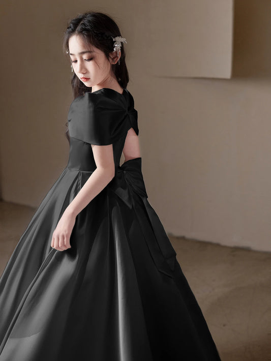 Maxy Girls, Teenagers Black High-End Long Dresses Children's Birthday Parties Weddings Big Bows Evening Dresses