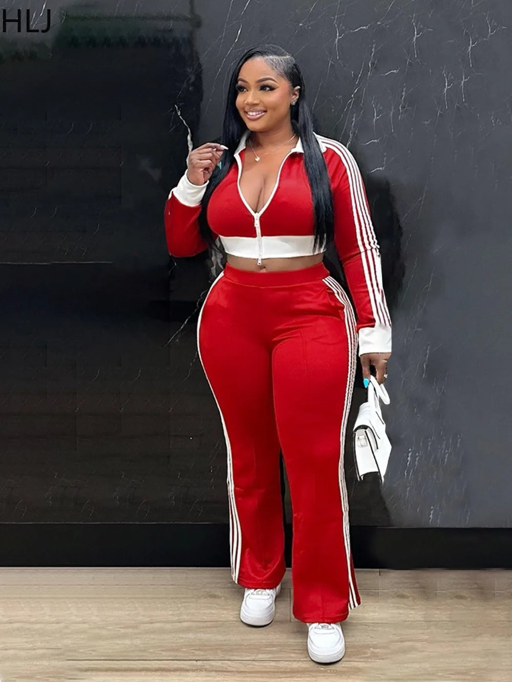 Maxy HLJ Autumn New Patchwork Sporty Two Piece Sets Women Zipper Long Sleeve Crop Top And Pants Outfits Fashion Stripe 2pcs Tracksuit
