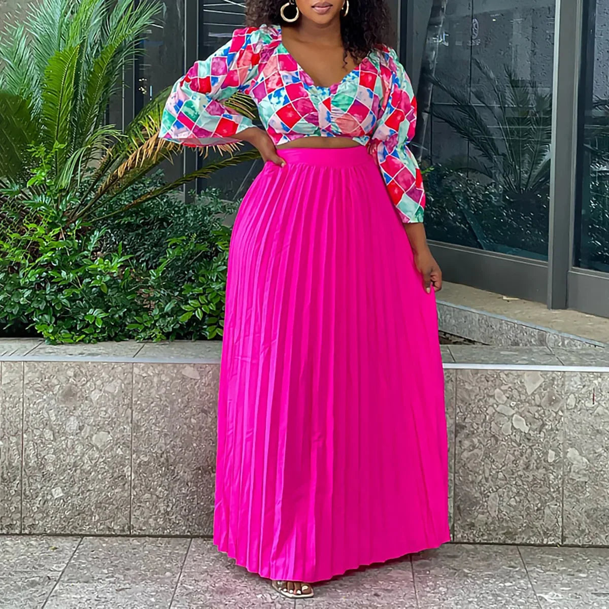 Maxy Women Two Piece Set Fashion Autumn V Neck Long Sleeve Print Blouse Pleated High Waist Long Skirt Elegant Two Piece Suit
