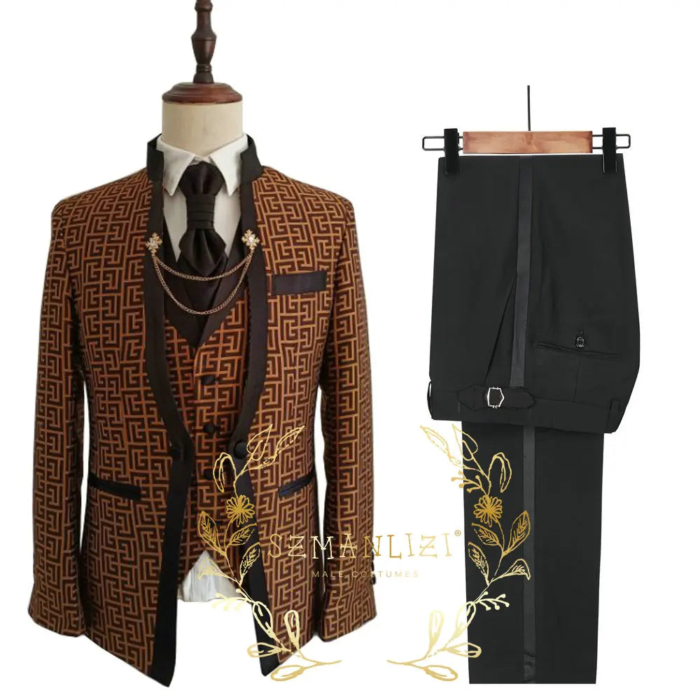 Visco Handsome Blue Gold Floral Rim Stage Men Suit Set Stand Collar Men's Suits (Jacket+pants+vest)