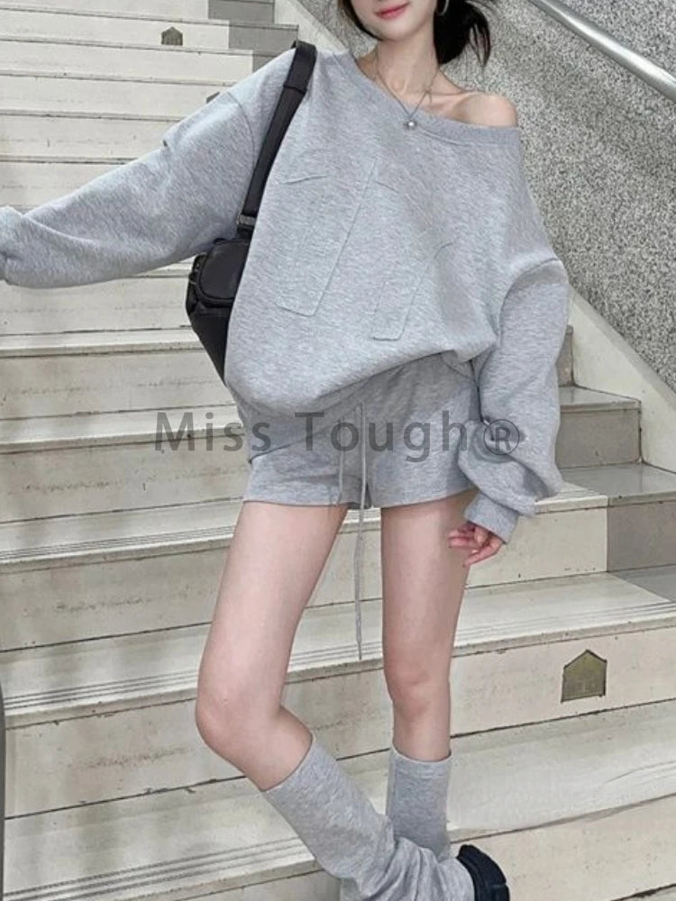 Maxy Fashion Gray Sport Style 2 Piece Set Loose Pullovers + Short Pant Women Autumn High Waist Slim Casual Sweatshirt New