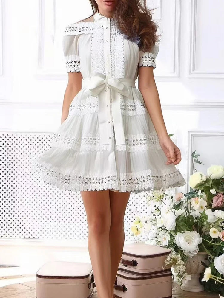 Maxy summer women's new ladies stand collar hollow single-breasted short-sleeved dress with high waist and short A-line skirt.