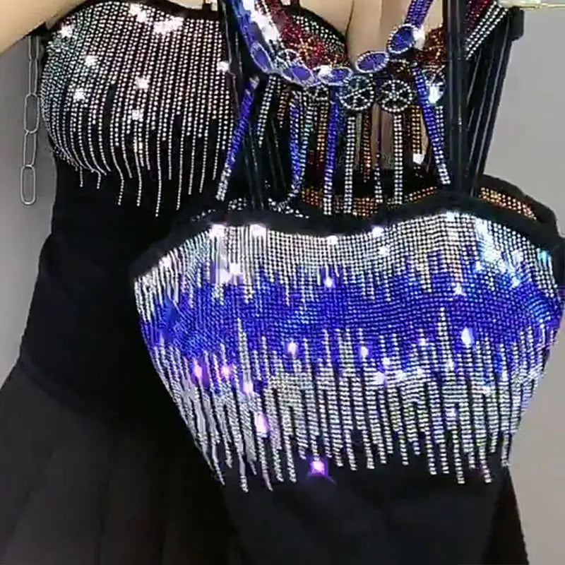 Maxy Spring Summer New Fashion Women Vest Camisole Pendant Bottomed Lady Shirt Vest Color Diamond Rhinestone White Blue