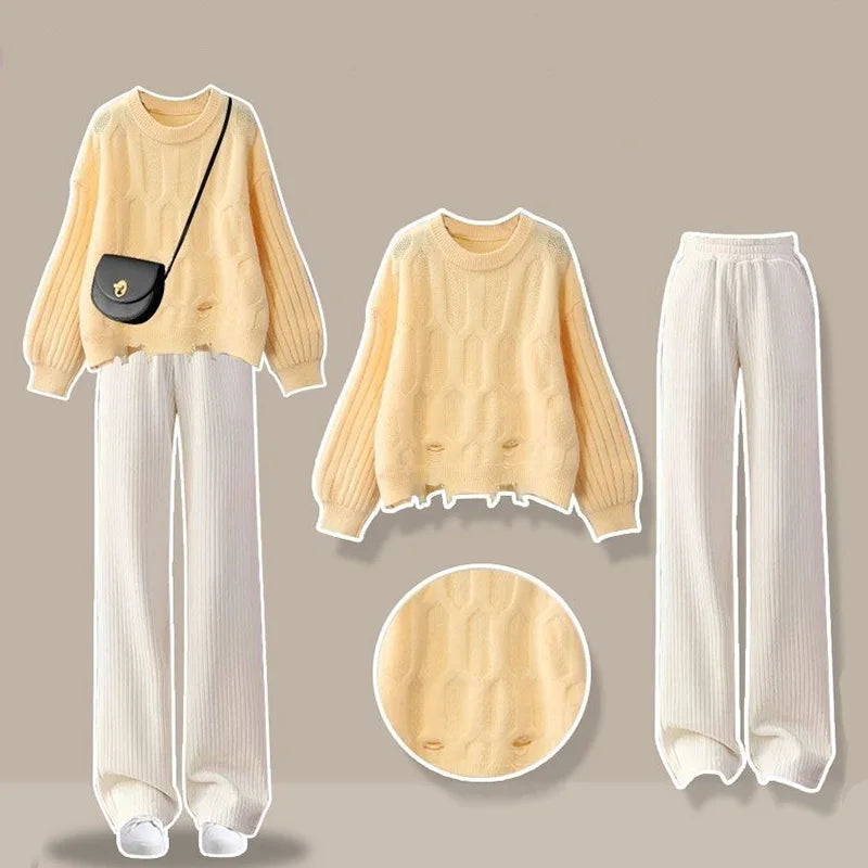 Maxy Autumn Small Stature Set Women's Knitted Sweater Apricot Wide Leg Pants Two-piece Set Clothes for Women