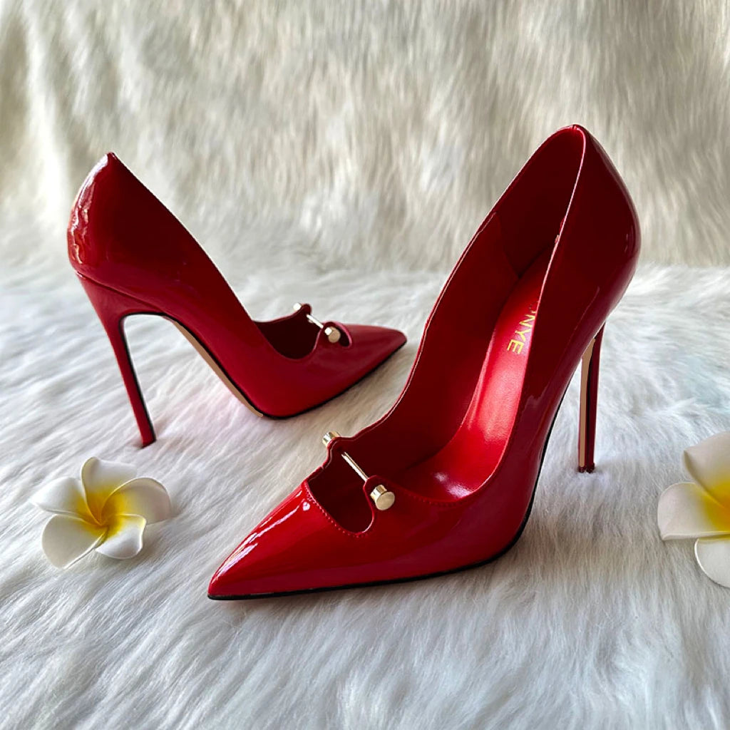 Amay Free Shipping Black White Red Patent Leather Shallow Metal Hollow Out Open Toed Women Lady Hot Sale 120mm High Heel Shoes Pump