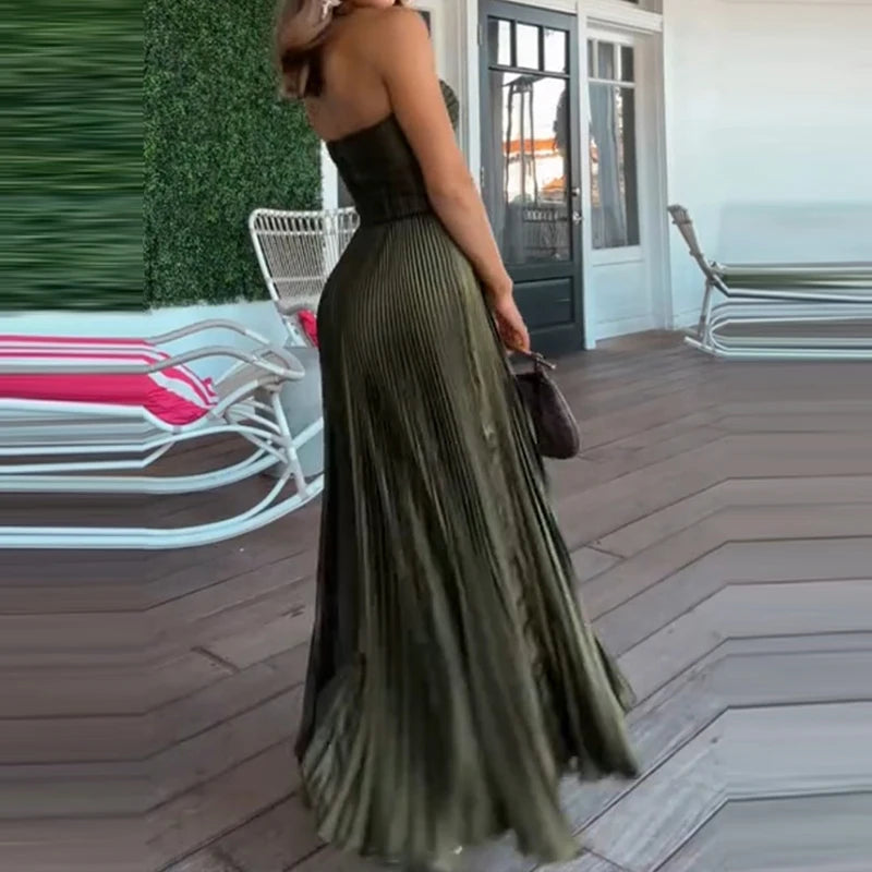 Maxy Summer High Waist Vacation Long Dress Leisure Sleeveless Backless Swing Evening Dress Female Elegant Solid Color Draped Dresses