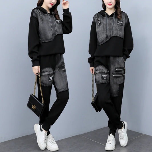 Maxy Autumn Winter Sportswear Casual Tracksuits Women Overalls Two Piece Sets Patchwork Sweatshirts And Denim Pant Set Women Outfit