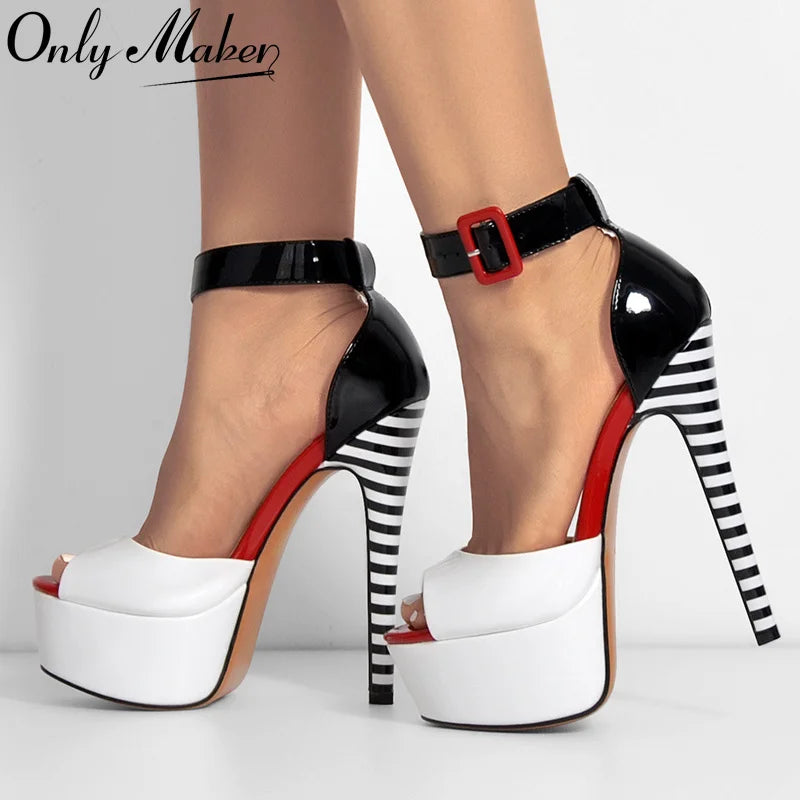 Maxy Only maker Women Platform Sandals Peep Toe Thin Heels Ankle Strap Zebra Stripes Party Dress Summer Lady Shoes Big Size Sandals