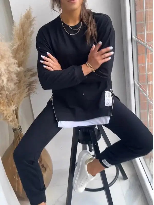 Maxy New Autumn Patchwork Loose TwoPiece Set Women's Fashion Long Sleeve Pullover Suit Casual Hoodie Sports Pencil Pants Outfits