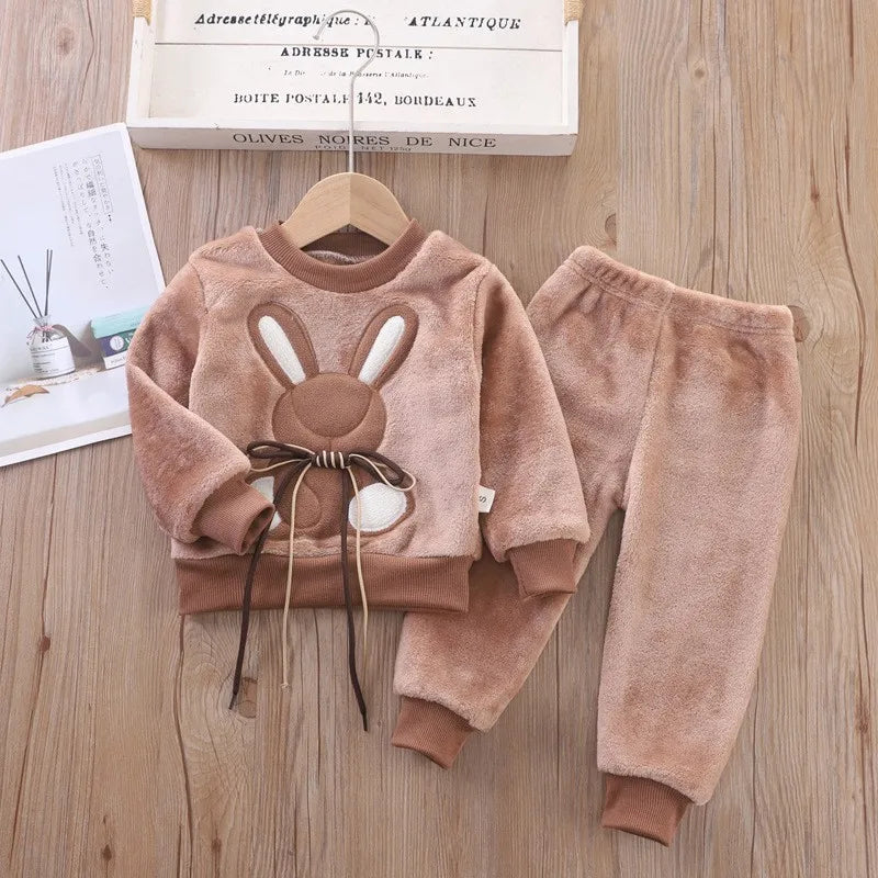 Maxy Children Toddler Set Cartoon Rabbit Pajamas Baby Boy Girl Flannel Warm Sleepwear Top+Pants 2pcs Autumn Winter Casual Clothes New