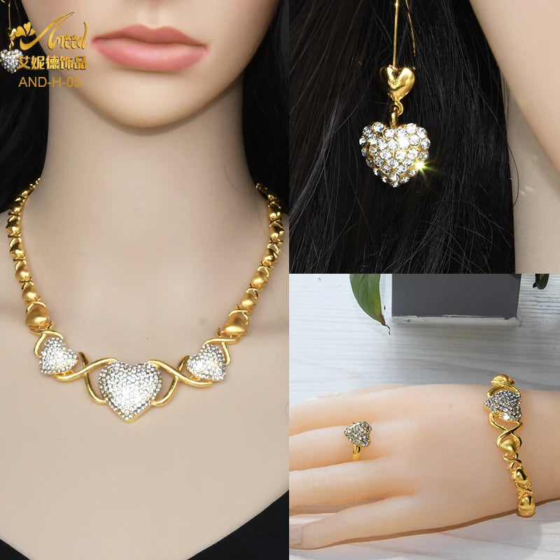 Maxy Women Gold Plated Jewelry Set Heart Necklace African Wedding Bangles Luxury Bridal