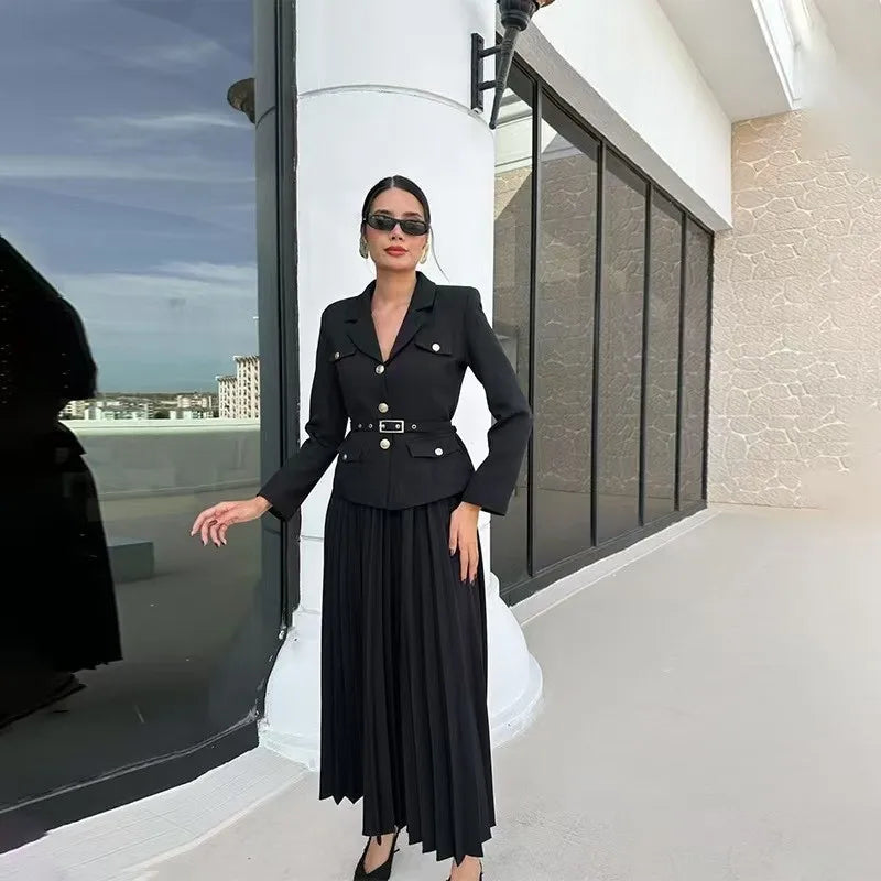 Amay Elegant Women Two Pieces Set Single-breasted Lapel Jacket Coat Belt Pleated Midi Skirt Suit office Lady New In Matching Set