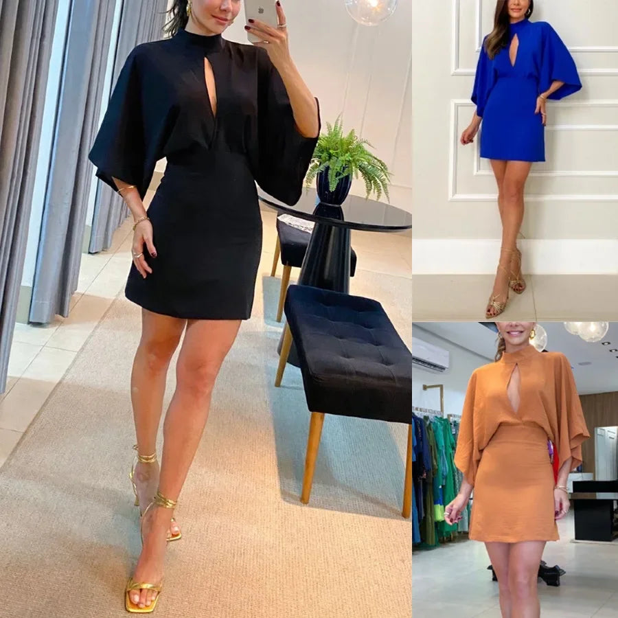 Maxy Elegant Solid Backless High Waist Mini Dress Fashion Stand Collar Half Sleeve Hip Wrap Dress Temperament Ladies Hollow Out Dress