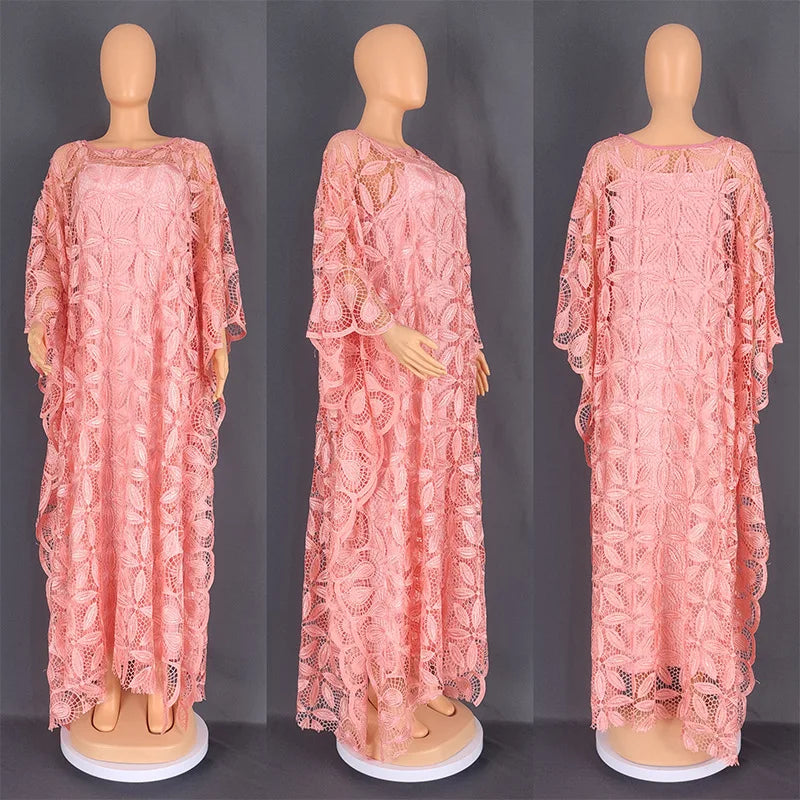 Summer Elegant African Women O-neck Pink Yellow Blue Plus Size Long Dress Lace African Robes Abaya African Dresses for Women