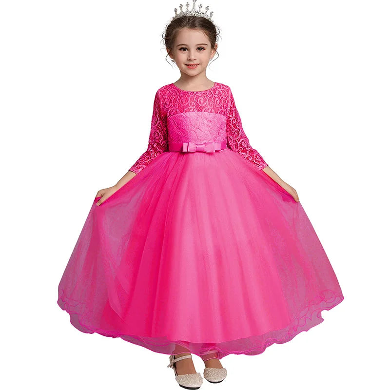 Maxy Girls Lace Embroidered Bow Princess Dress Long Sleeve Tulle Gown For Toddler First Communion Bridesmaid Wedding Birthday Party