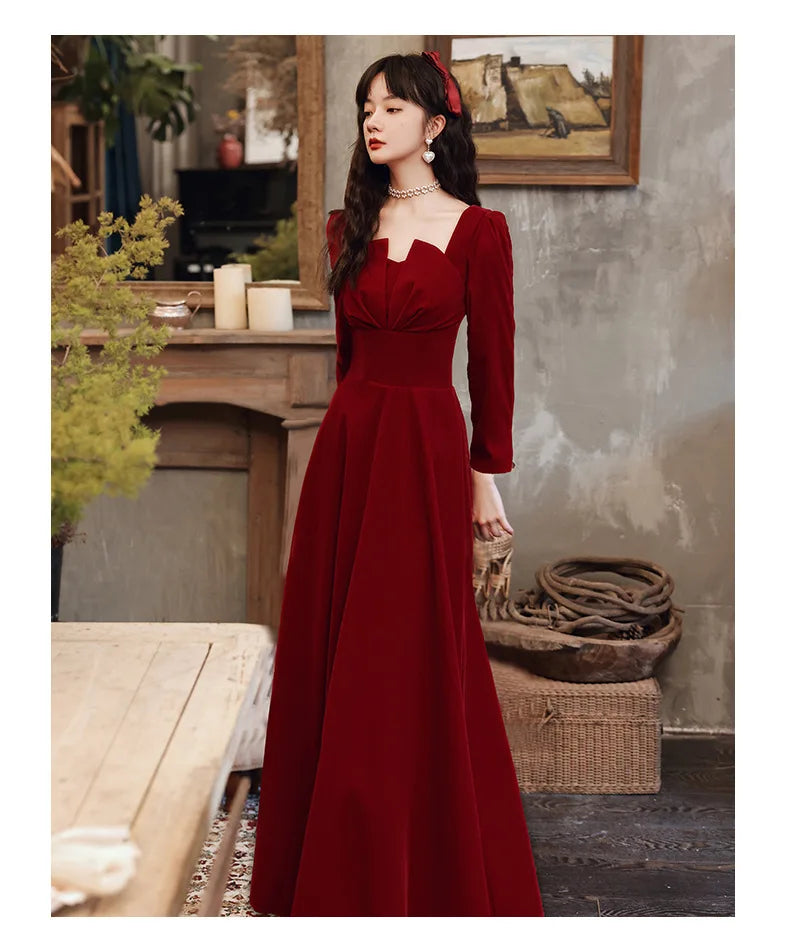 Babs Elegant Long sleeved Office Dress Wine Red Autumn Square Collar A-line Long Skirt Formal Party Wedding Bridesmaid Ball Dress