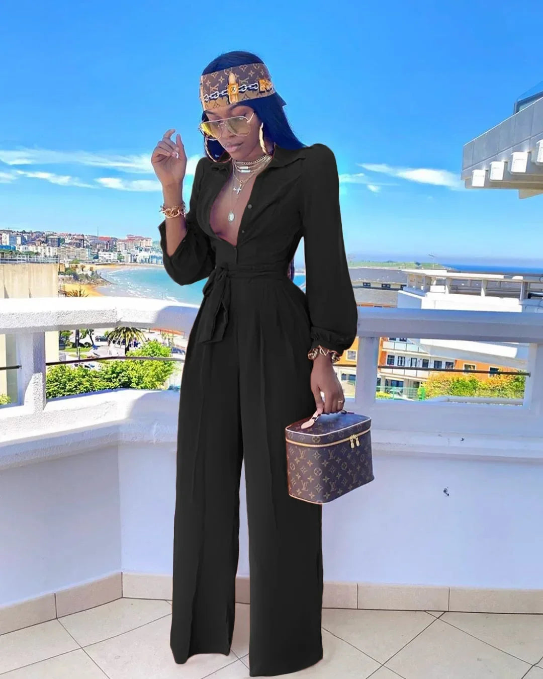 Maxy Summer African Clothes for Women Long Sleeve V-neck Blue Black Orange Party Evening Jumpsuit Dashiki Clothing