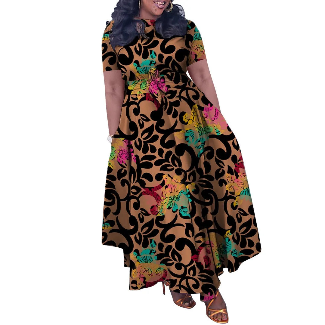 Maxy Plus Size Women's Summer Dress Short Sleeve Tie-Waist Floral Print Maxi Dress Wholesale Dropshipping XL-5X 2025