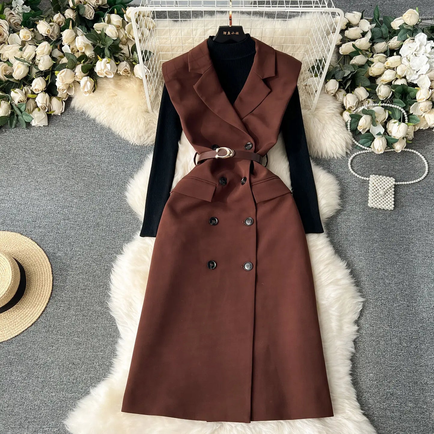 Maxy Office Lady 2 Piece Set Women Autumn Knitted Turtleneck Sweater + Belt Doublebreasted Long Dress Fashion 27X1638