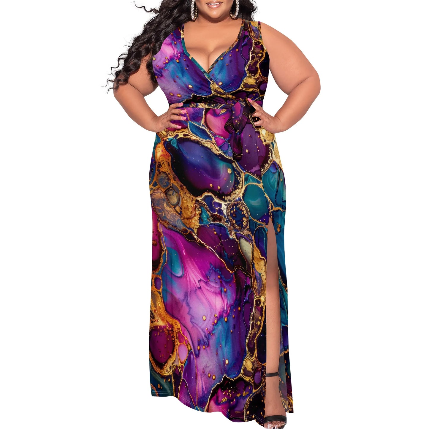 Maxy Galaxy Marble Print Maxi Dress XL-6XL – Sleeveless Wrap V-Neck Split Gown for Women Elegant Cruise or Evening Party Look