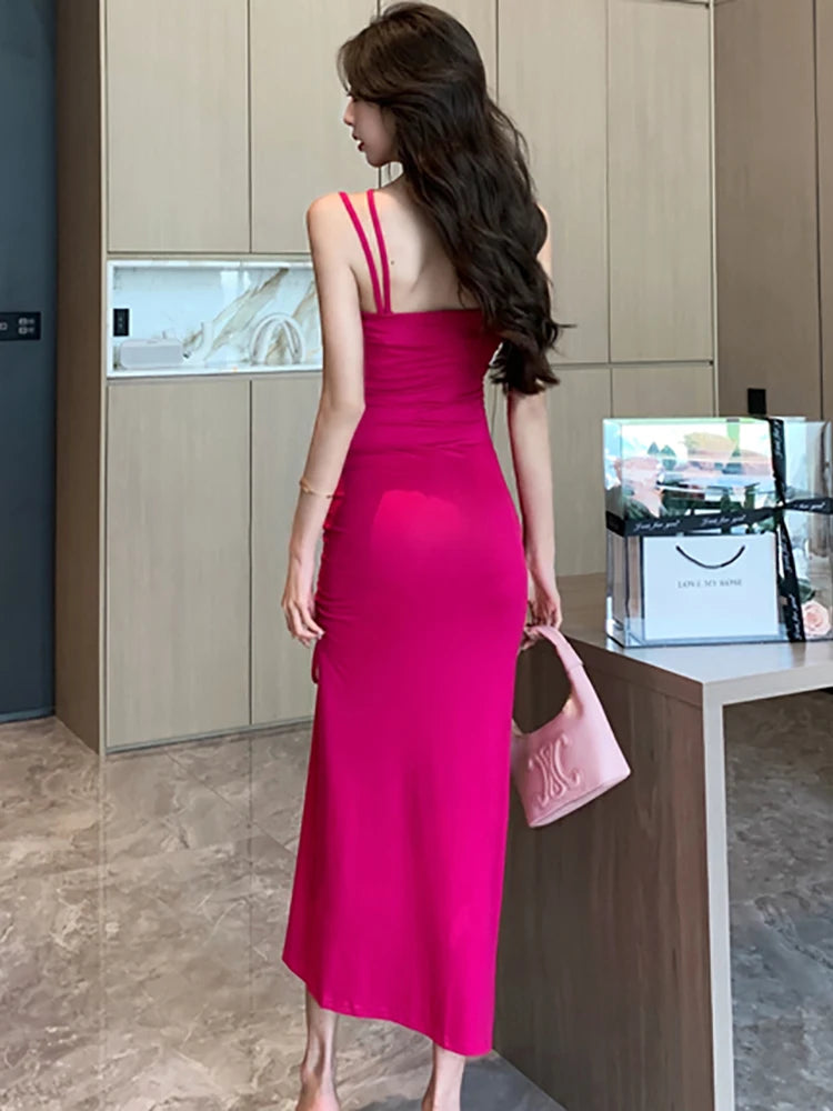 Maxy New Rose Red Elegant Bodycon Bandage Slit Long Dress Women Fashion Chic Sling Sexy Dress Summer Korean Luxury Eveing Dress
