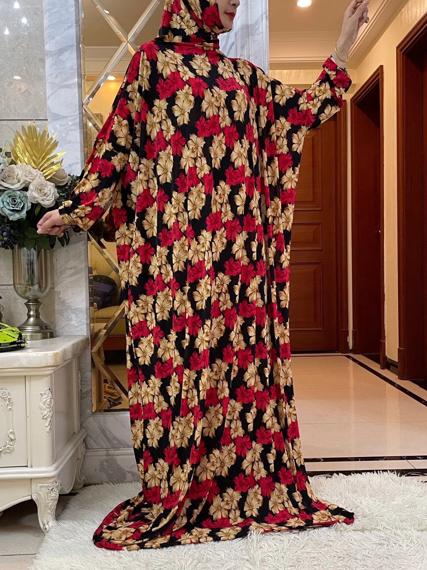 Maxy Muslim Women Hooded Abaya Turkey-African Prayer Garment Kaftan Dress With Hijab Floral Prints Dubai Saudi Robe Ramadan
