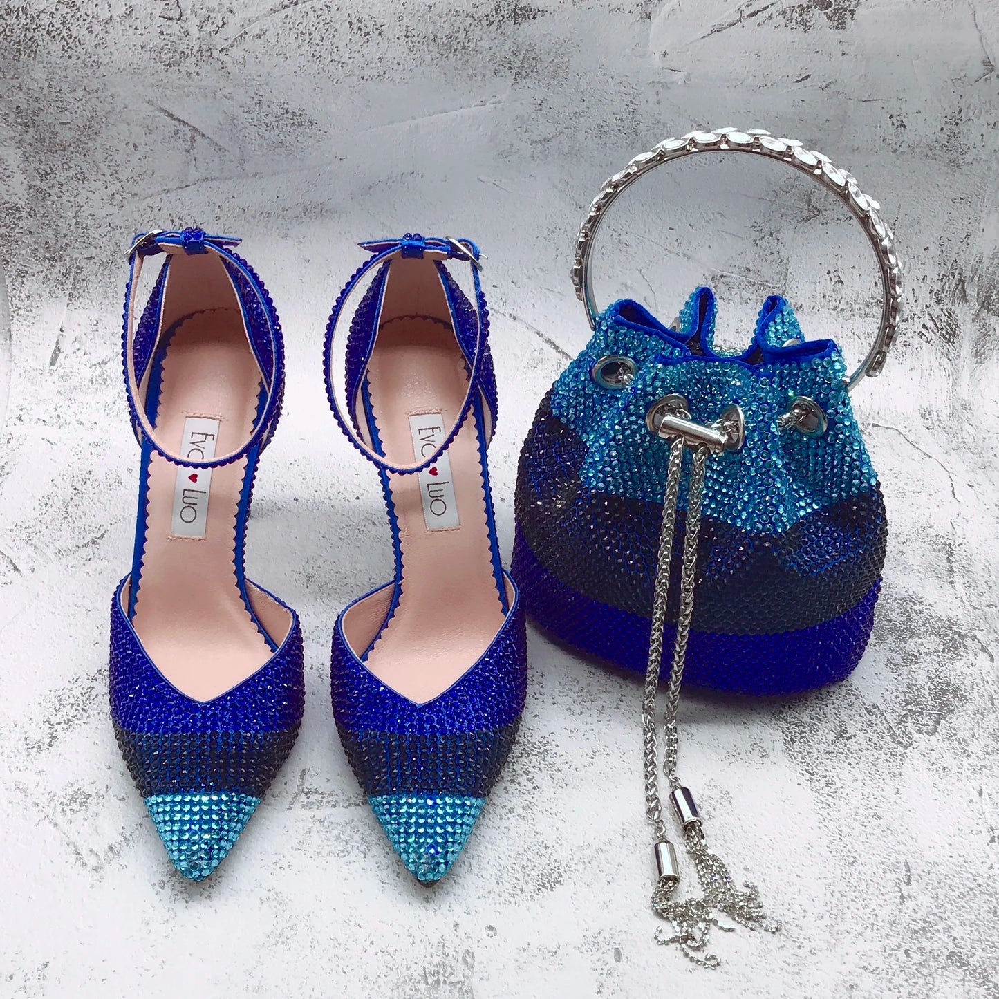 Maxy Luxury Shinning Custom Handmade Royal Blue Rhinestone African Women Shoes and Bag Matching set