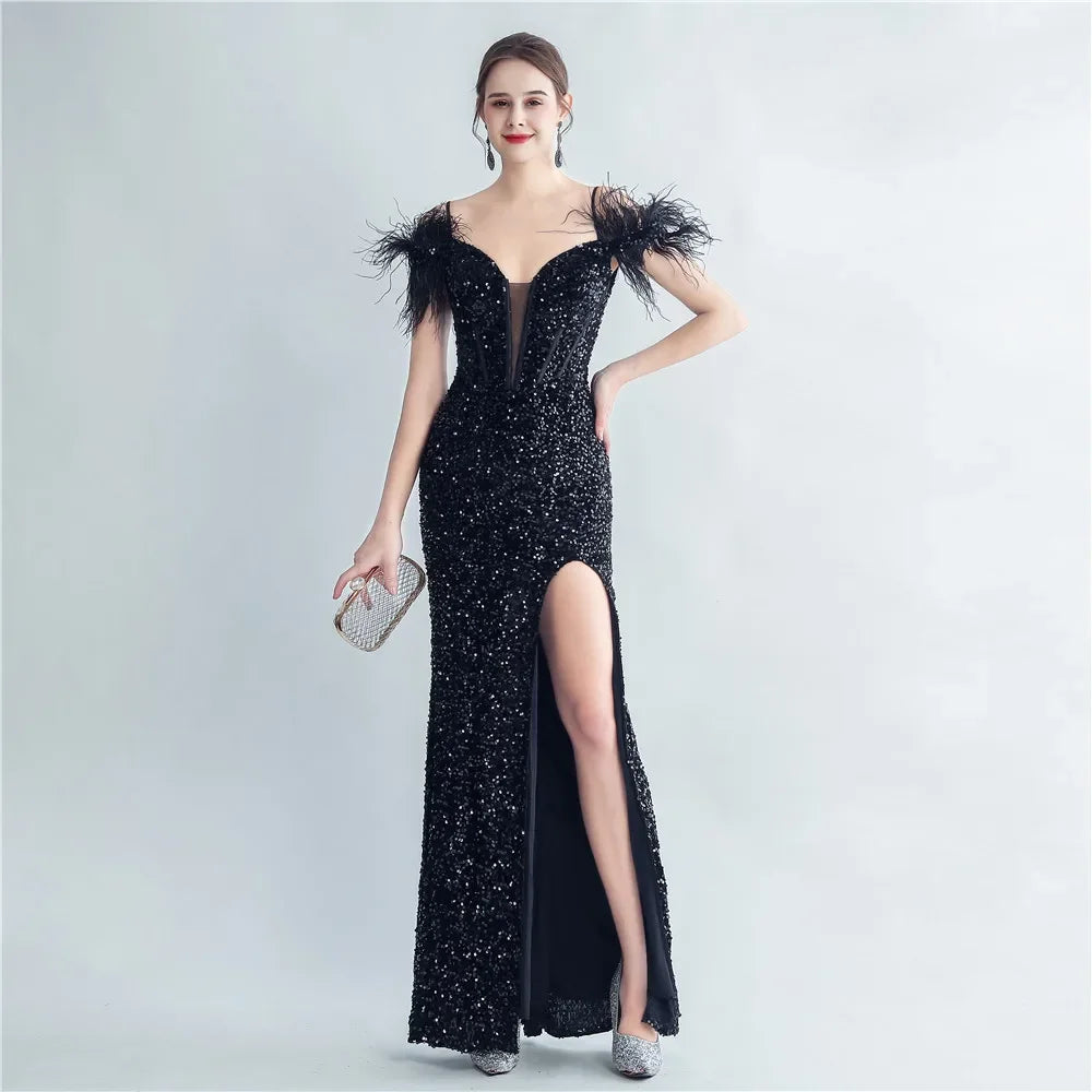 Zay Women's Elegant Long Dresses with A Bling and Feathers, Split Sequin Glitter, Evening, Wedding Guest, Special Events, High End,