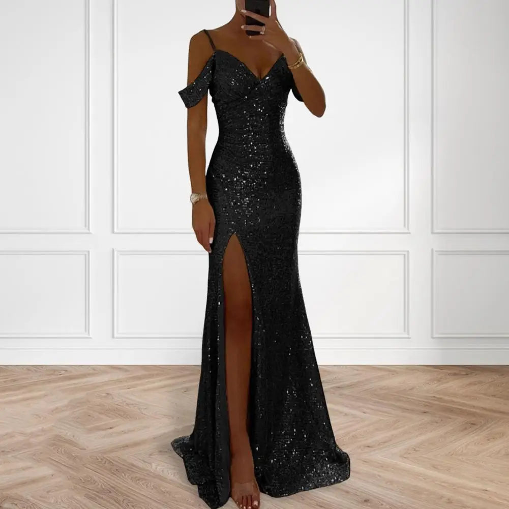 Amay V Neck Dress Elegant Sequin Ball Gown for Prom Wedding Parties Off Shoulder V Neck Maxi Dress with Side Slit Slim Fit Banquet