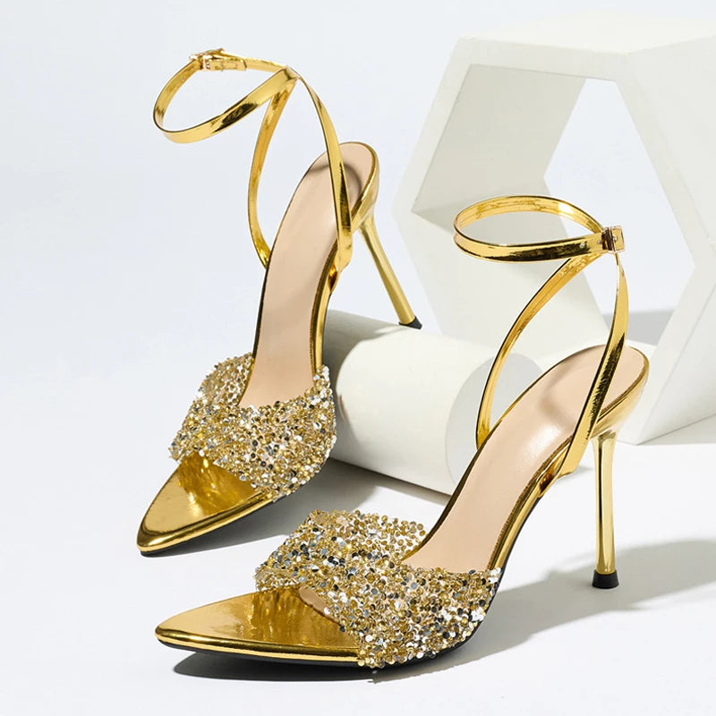 Bebs Sexy Ankle Buckle Strap Gold Sandals Women Sequined PVC Elegant Pointed Open Toe Thin High Heels Party Dress Shoes Size 43