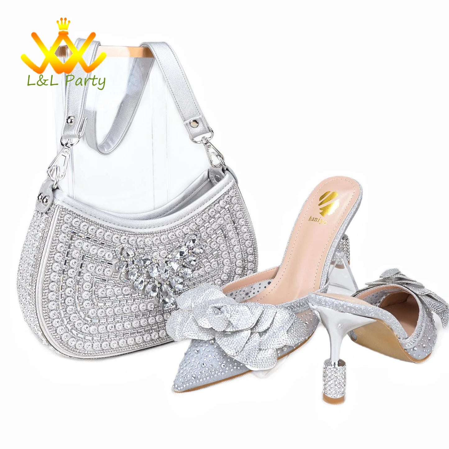 Max Elegant Style Special Design New Arrivals Italian Women Shoes and Bag Set in Silver Color Comfortable Heels for Slipper