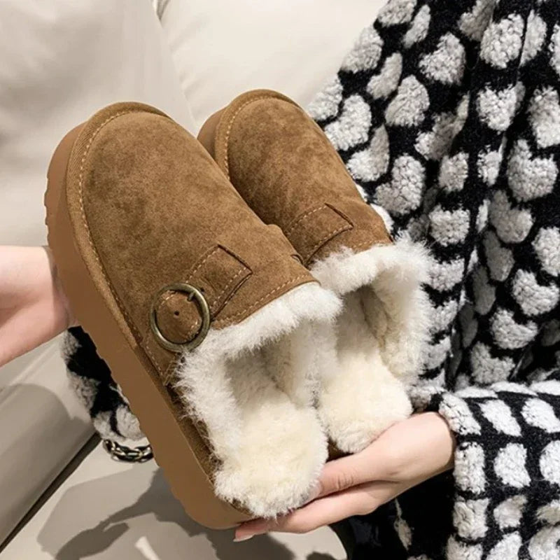 Maxy Women Thicken Plush Fur Slippers Winter Slip on Chunky Platform Loafers Mules Woman Thick Bottom Cotton Slippers Flip Flops