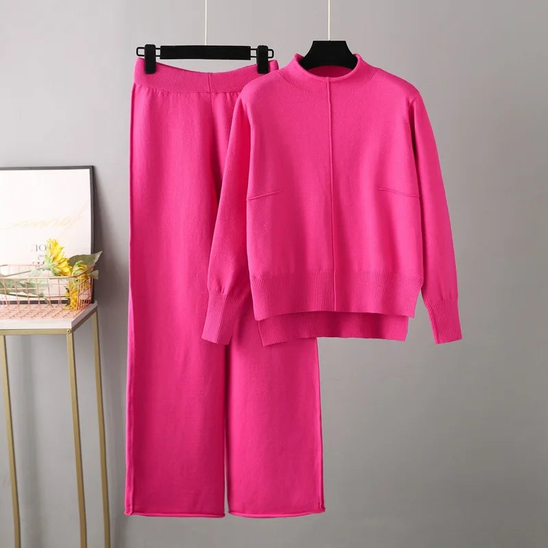 Maxy Winter Sweater for Women Tracksuit Half High Collar Knit Solid Color 2 Piece Set Knitted Pullover Sweater Elastic Trousers Suits