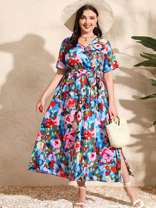 Maxy Plus Size Boho Print Vacation Maxy Dress Women Summer V Neck Short Sleeve Beach Split A-Line Dresses With Belt