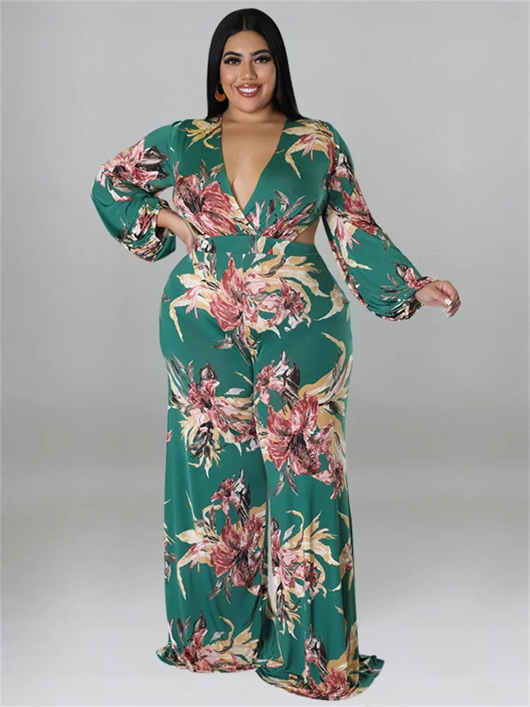 Amay Plus Size Jumpsuit Women Fall Clothes Print One Piece Outfits V Neck Wide Leg Office Ladies Romper
