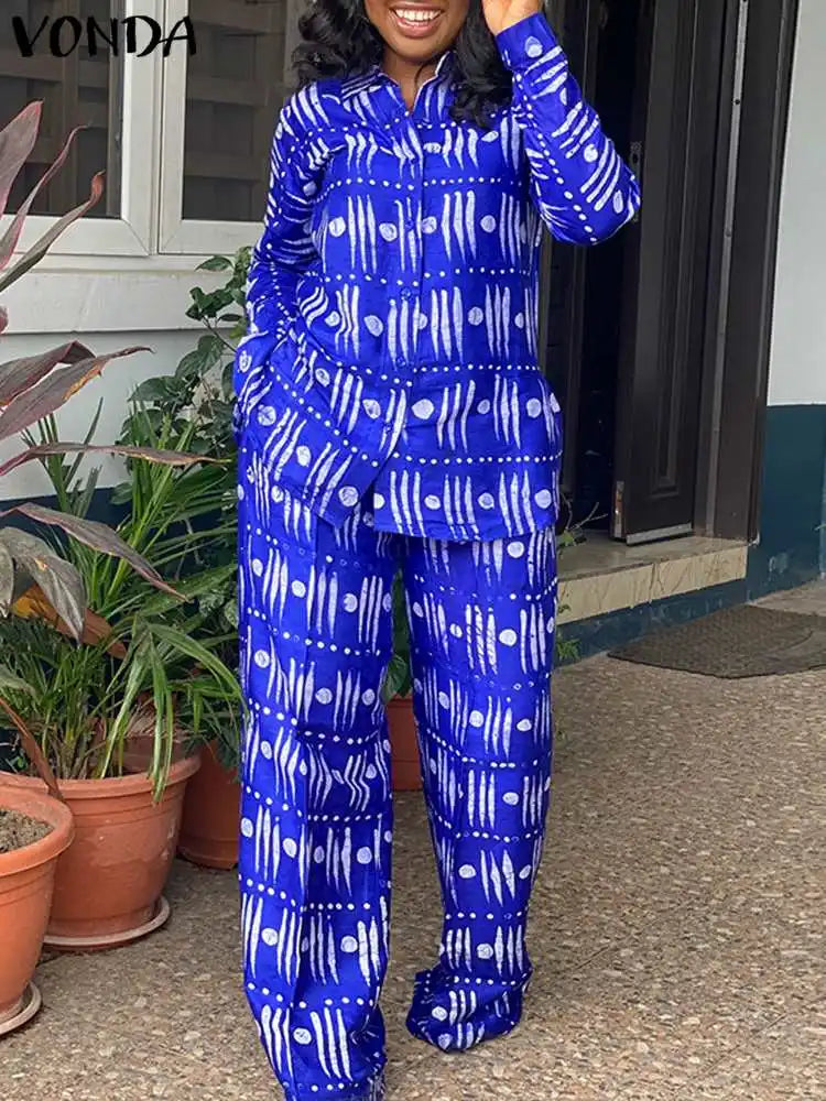 Maxy Women Office Sets Elegant Pants Suits Stand up Short Sleeve Printed Tops Pants Oversized Matching Sets Baggy