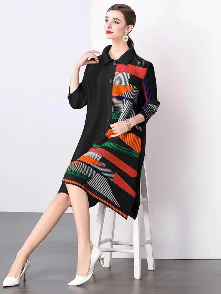 Maxy Women's Single Breasted High Stretch Oversized Pleated Shirt Dress Spring Fashion Color block Miyake Draped Loose Party Clothing