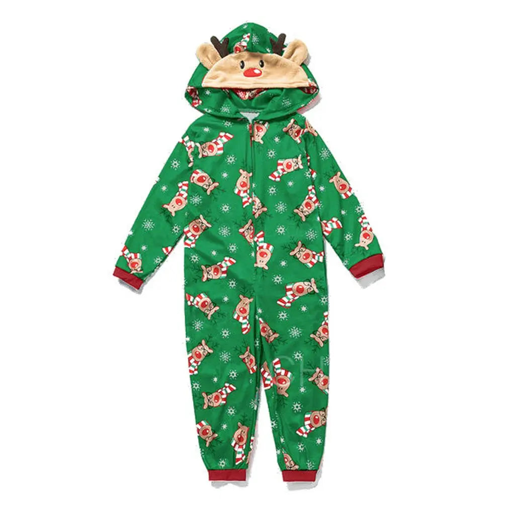 Christmas Pajamas Set One-Piece Zip-Front Romper With Antler Hood For Family PJs Sets Family Matching Kid Adult Xmas Sleepwear