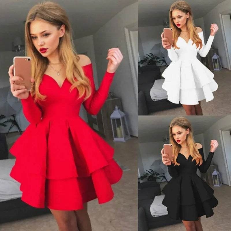 Maxy European American New Women's Cross-border Shoulder Dress Sexy and Elegant Deep V-neck Long-sleeved Princess Evening Dresses