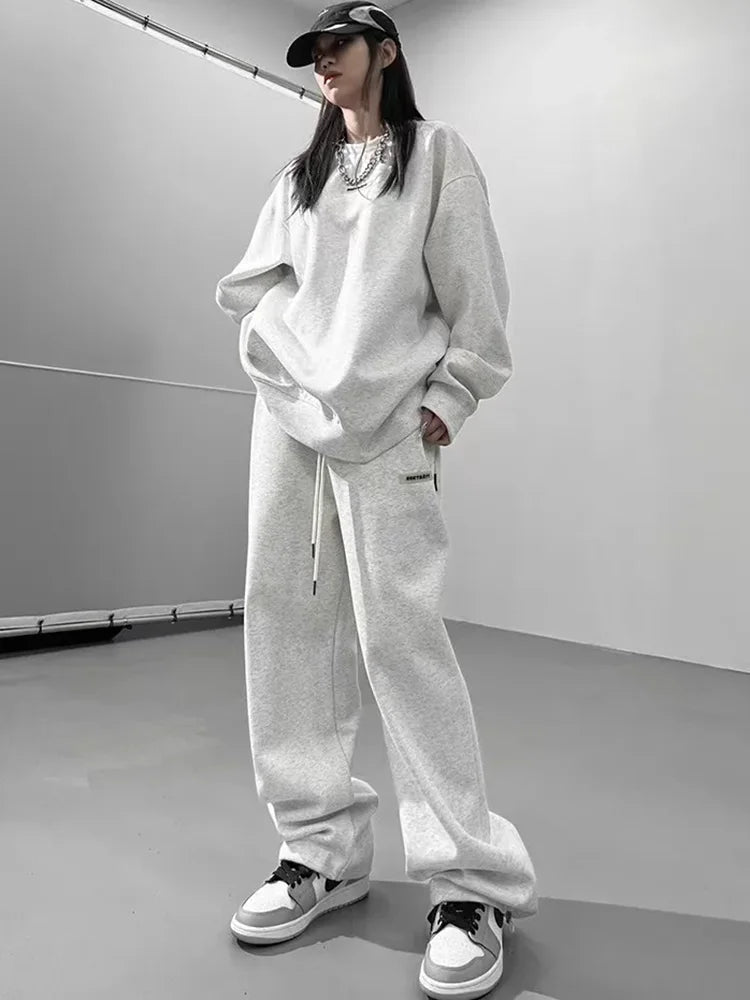 Maxy Korean Fashion Thicken 2 Piece Sets Women O-neck Velvet Lined Pullover Tops Conjuntos Winter Warm Solid Sweatpants Tracksuit New