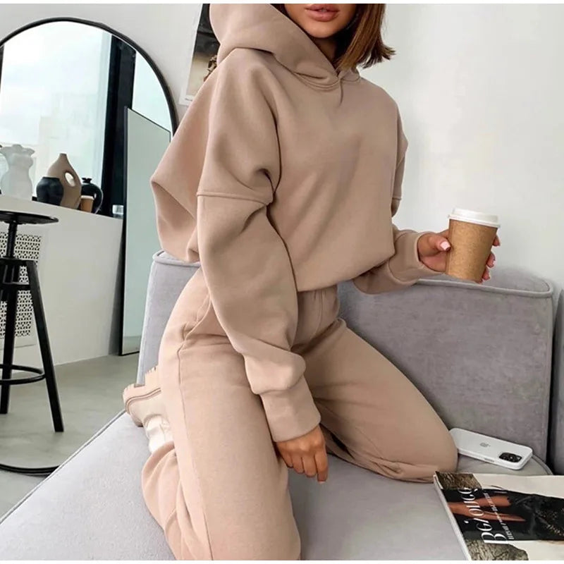 Maxy Pullover Hooded Tracksuit Women Two Pieces Pant Sets Sweatshirts Pockets Pants Suit Thick Elastic Waist Spliced Sporty Autumn