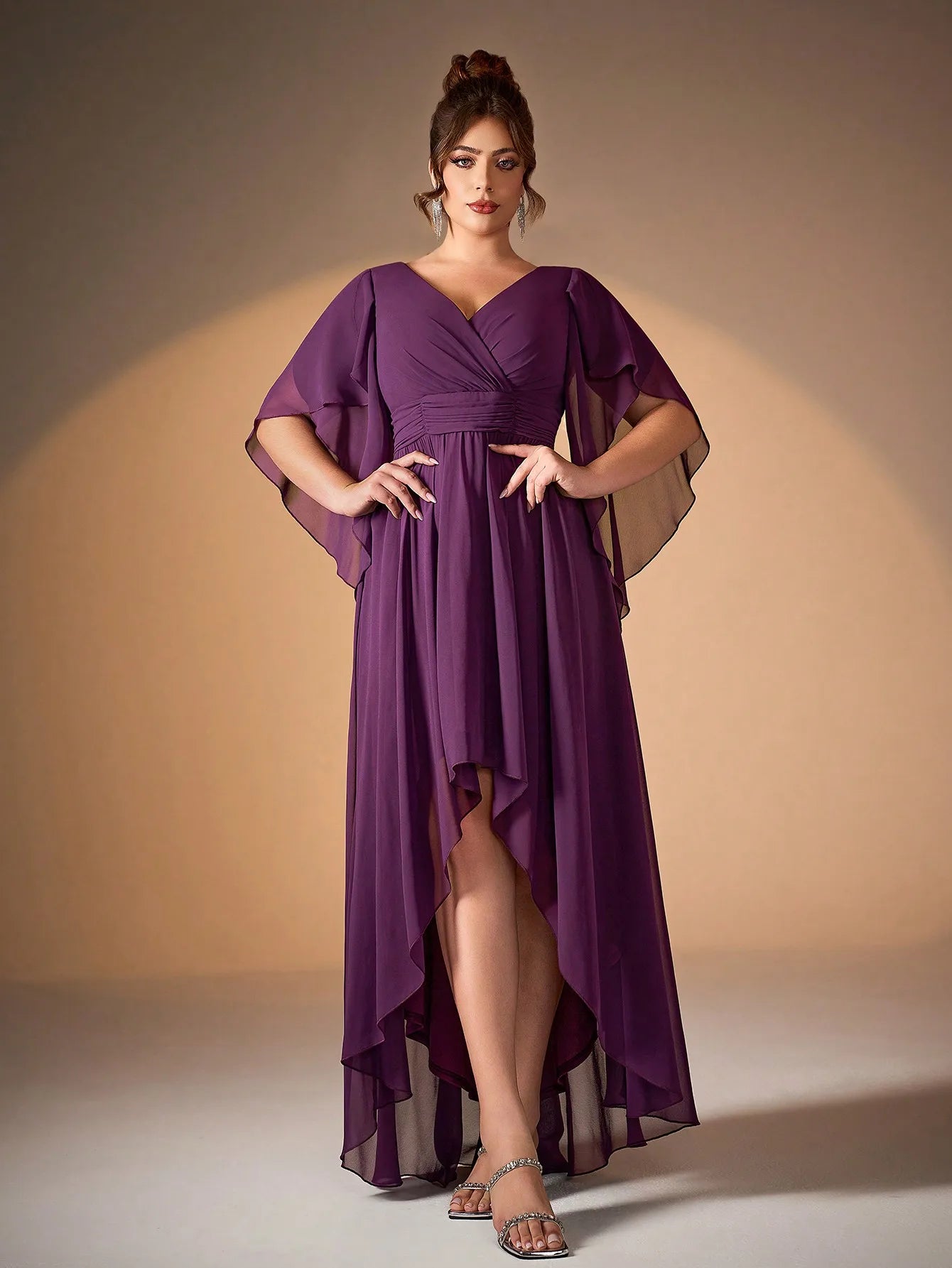 Maxy Miacid-neck pearl chiffon irregular sleeves with a shorter front and longer back hem high-end evening dress