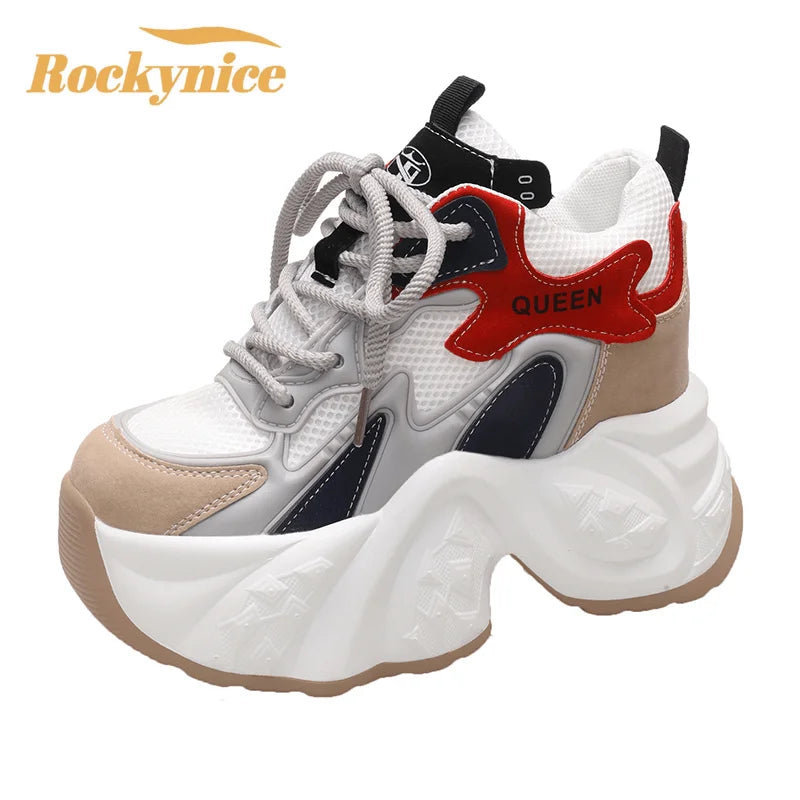 Maxy Spring Autumn High Top Leather Casual Shoes Comfy Breathable Mesh High Platform Shoes 10CM Wedge Heels Walking Chunky Sneakers