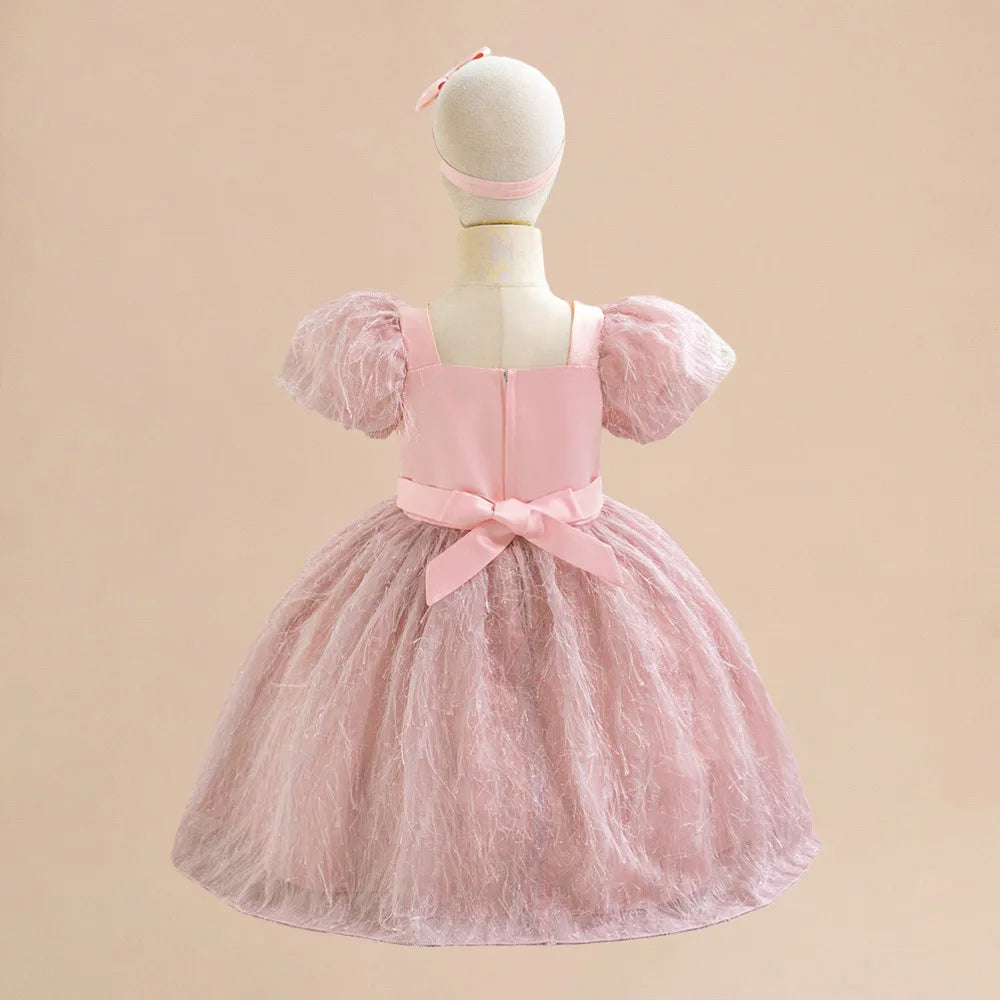 Maxy Toddler Baby Lace Floral Bow Princess Girls Dress Infant 1st Birthday Baptism Party Ball Gown Newborn Short Sleeve Kids Costumes