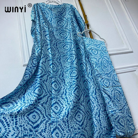 Maxy Muslim African dresses turkey dresses for women luxury Crew Neck Tie-dye print Kaftan Dress, Elegant Length Dress