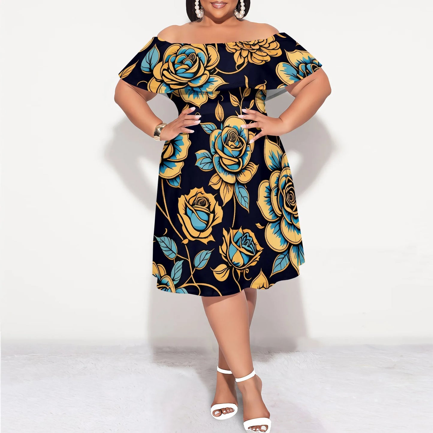Maxy Plus Size Off Shoulder Short Sleeve Midi Dress Floral Rose Print Navy Blue Elegant Summer Party Casual Dress