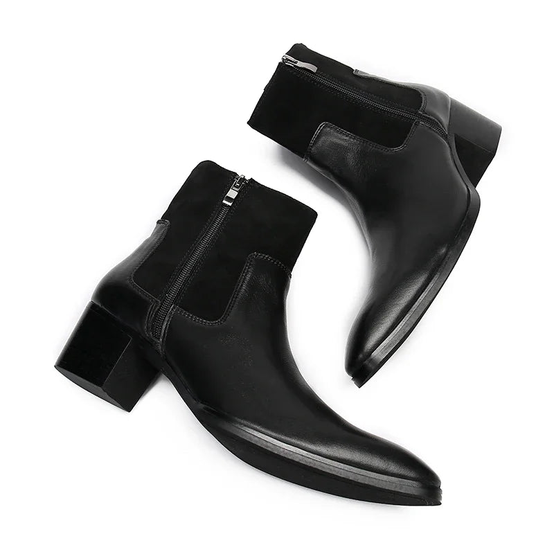 Amay Italian Business Black Male Real Leather Shoes Big Size Zipper Short Motorcycle Boot Classic Men Wedding Party Formal Dress Boot