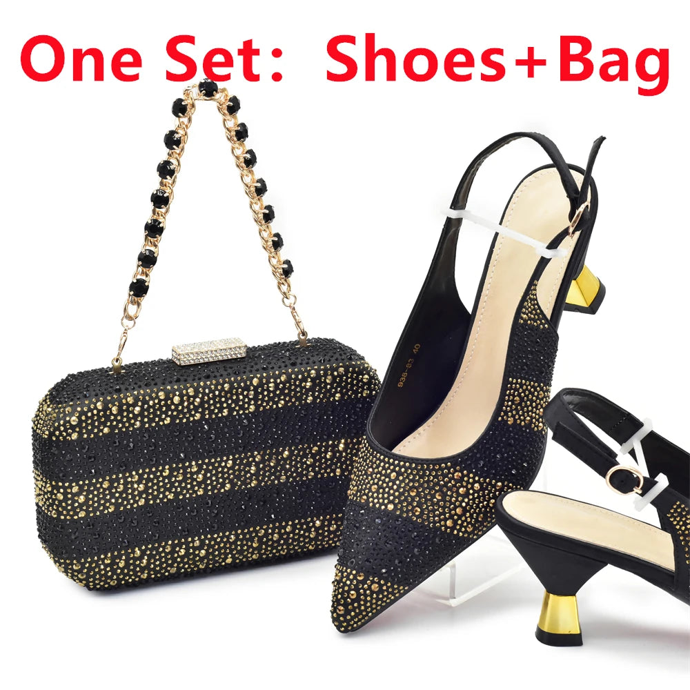 Maxy African Shoe and Bags Set for Wedding Women Shoes and Bags To Match Set with Rhinestone Italy Lady Pumps Women Shoes Luxury