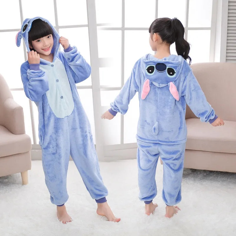 Maxy Christmas Cartoon Lilo & Stitch One-Piece Pajamas Disney Children Plush Kigurumi Onesies Winter Warm Clothes Boys Girls Gift